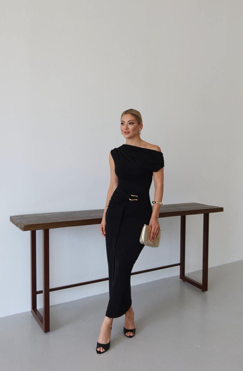 Draped Midi Dress – Sculpted Minimal Elegance (D4216)