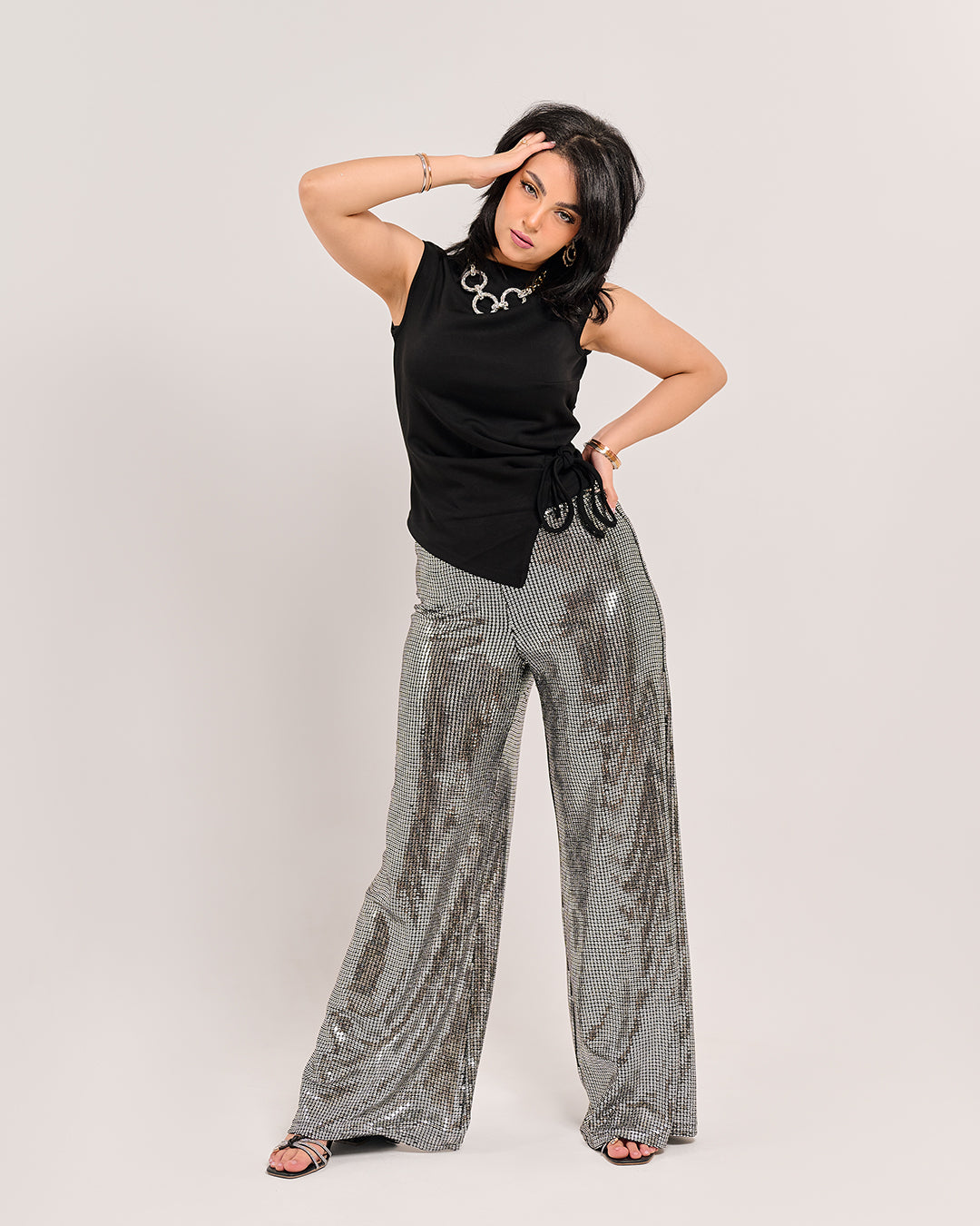 Metallic Shimmer High-Waist Flare Trousers