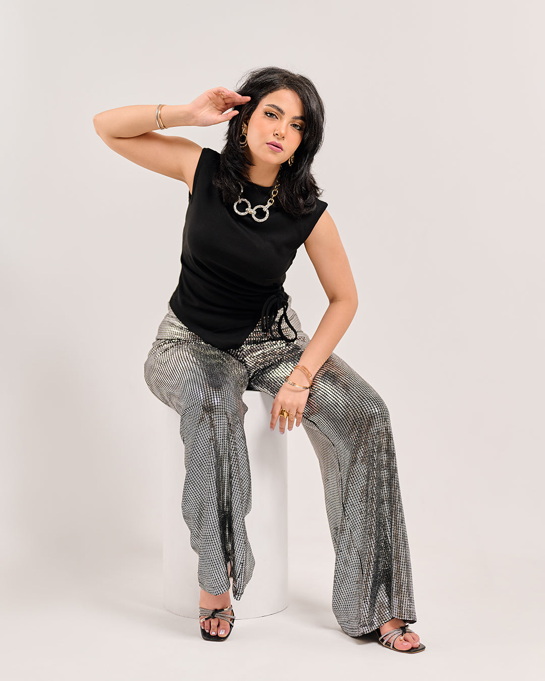 Metallic Shimmer High-Waist Flare Trousers