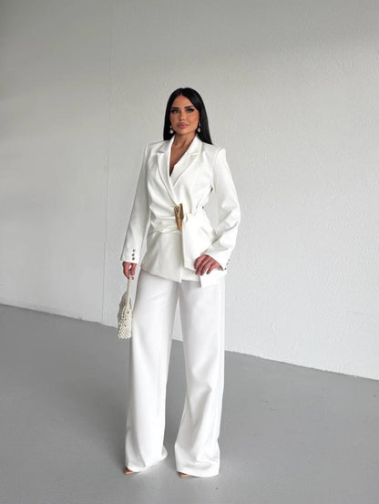 Ivory Wrap Blazer With Statement Gold Clasp (D7210)