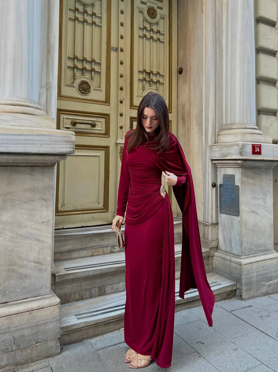 Midnight Cape-Sleeve Gathered Maxi Dress (D4236)