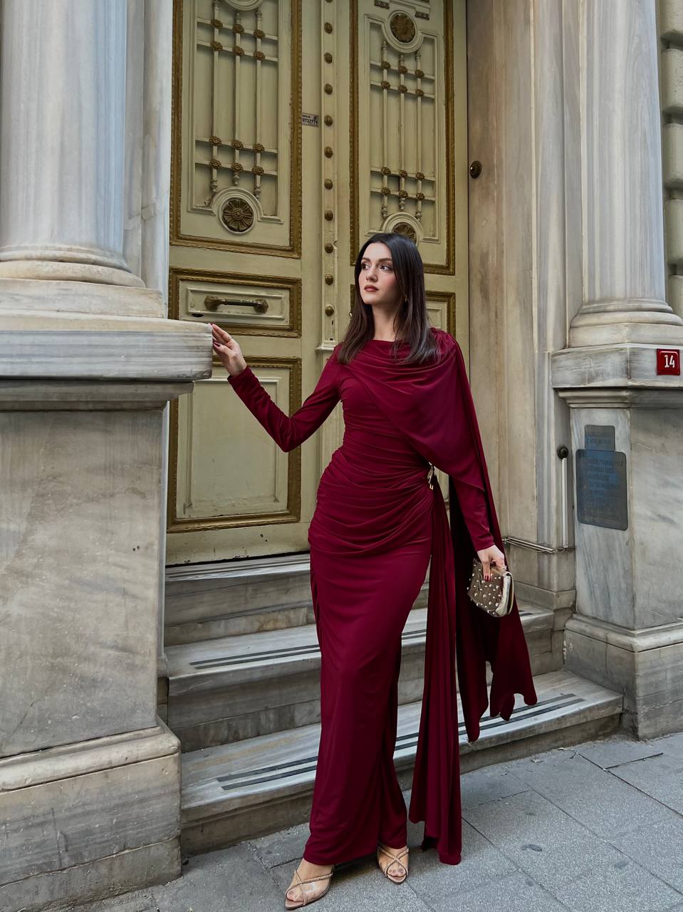 Midnight Cape-Sleeve Gathered Maxi Dress (D4236)